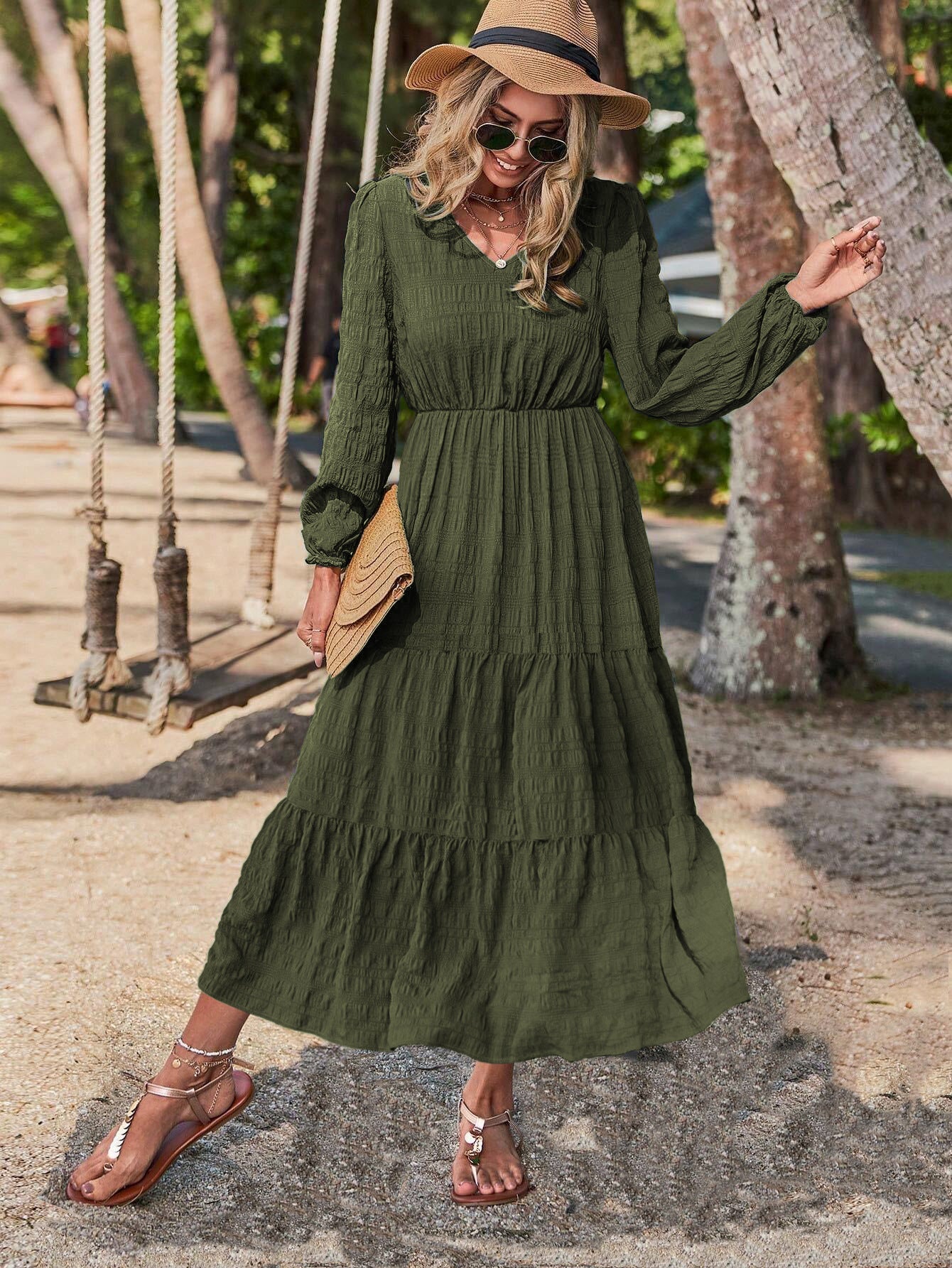 Solid V-neck Textured Maxi Dress, Vacation Style Smocked Long Sleeve Dress