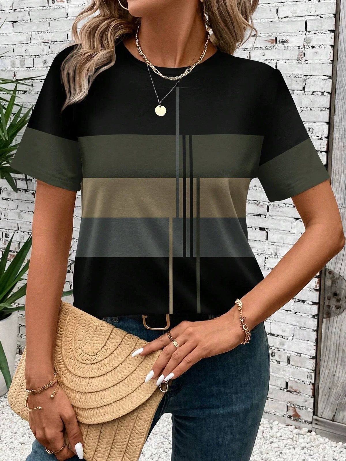 Casual Patchwork Pattern Round Neck Short Sleeve Loose Women T-Shirt