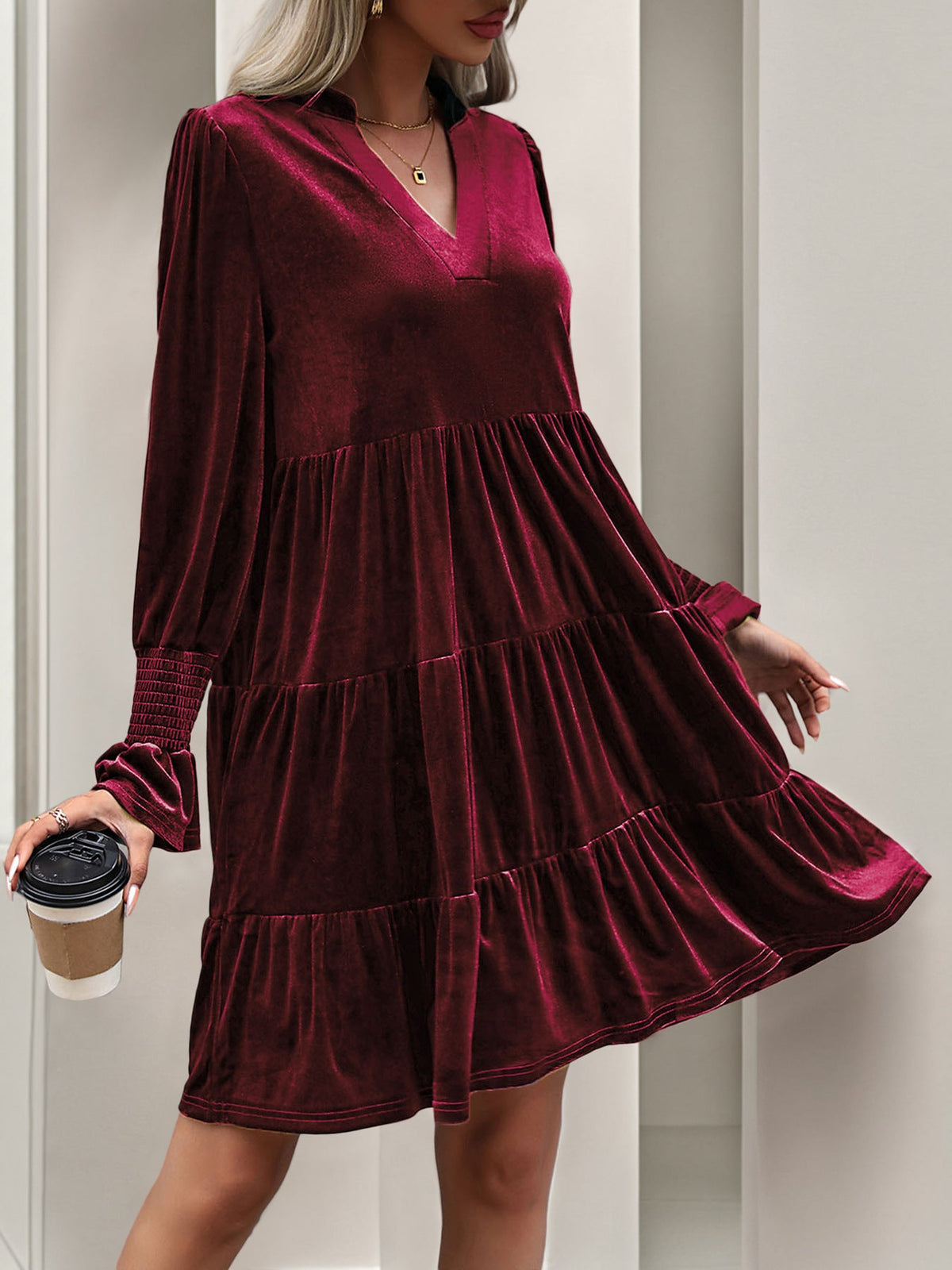 Women's Layered Hollow-Out Long Sleeve Dress, Elegant V-Neck, Solid Color, Adult Fashion Dress