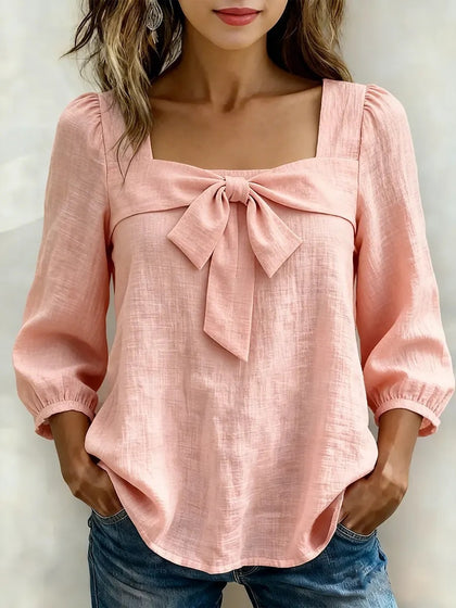 Square Neck Bow Detail Puff Sleeve Blouse