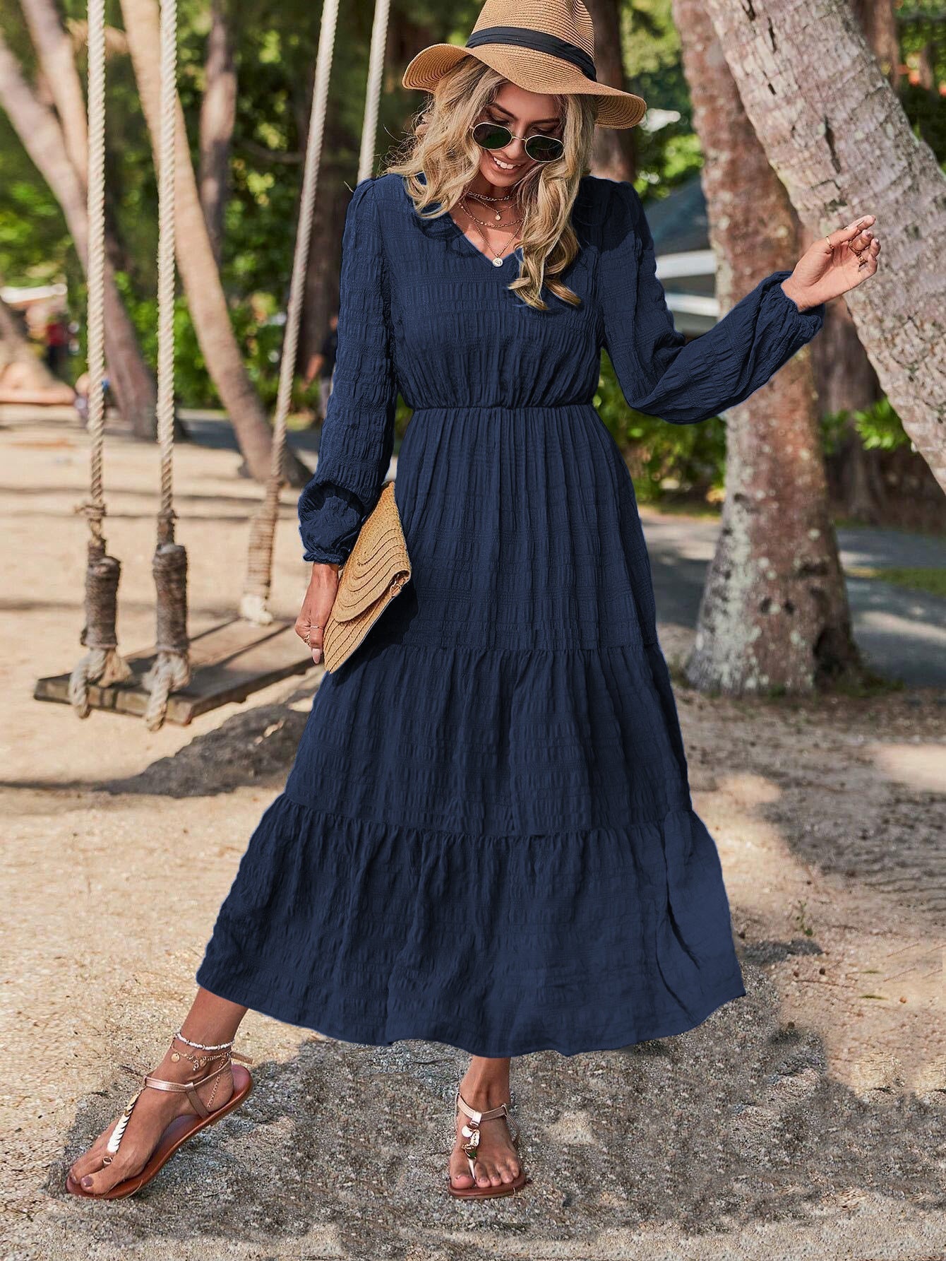 Solid V-neck Textured Maxi Dress, Vacation Style Smocked Long Sleeve Dress
