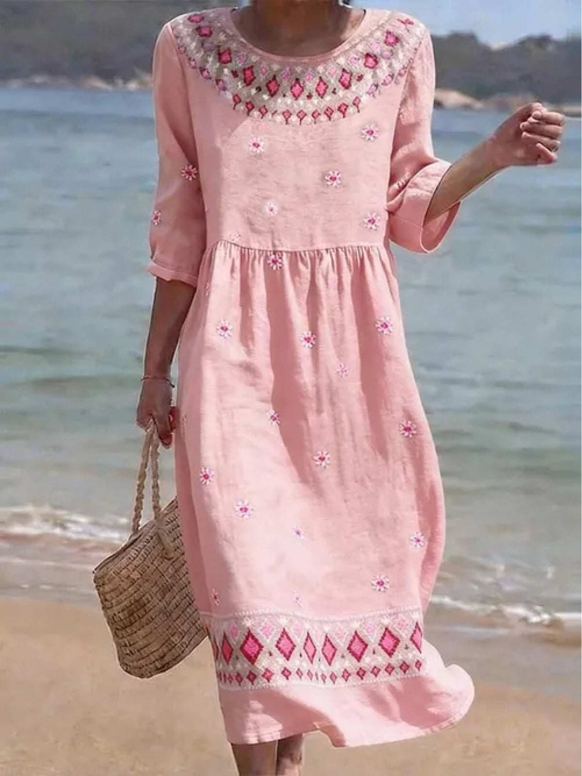 Casual Round Neck Mid Sleeve Printed Dress