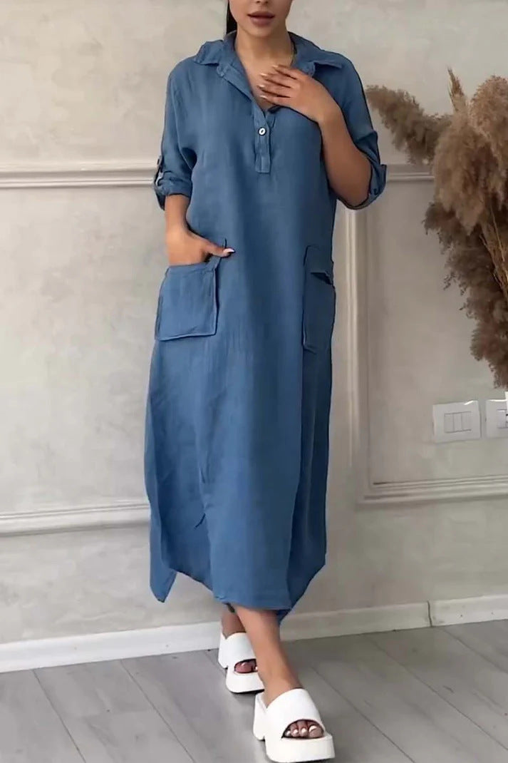 Solid Color Casual Shawl Collar Plain Loose Dress