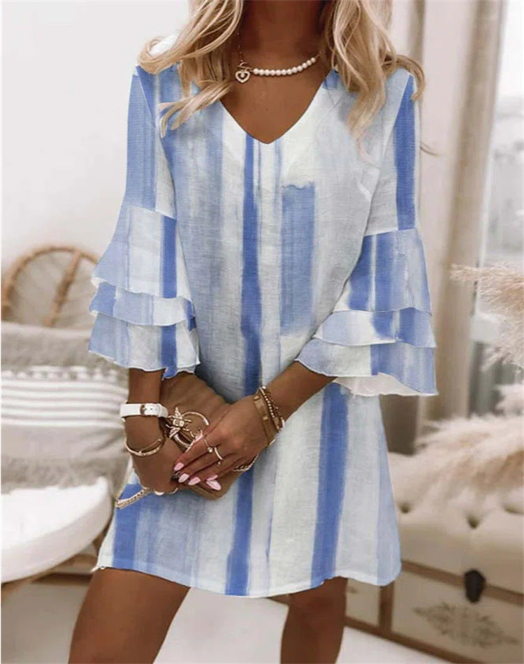 Flared Sleeve Elegant V-Neck Loose Mini Dress