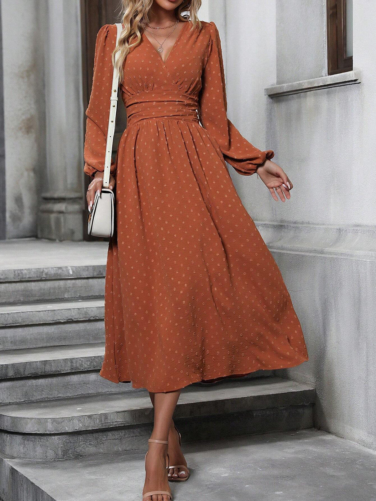 Floral Balloon Sleeve Spring/Fall Dress V Neck Long Sleeve A-Line Dress