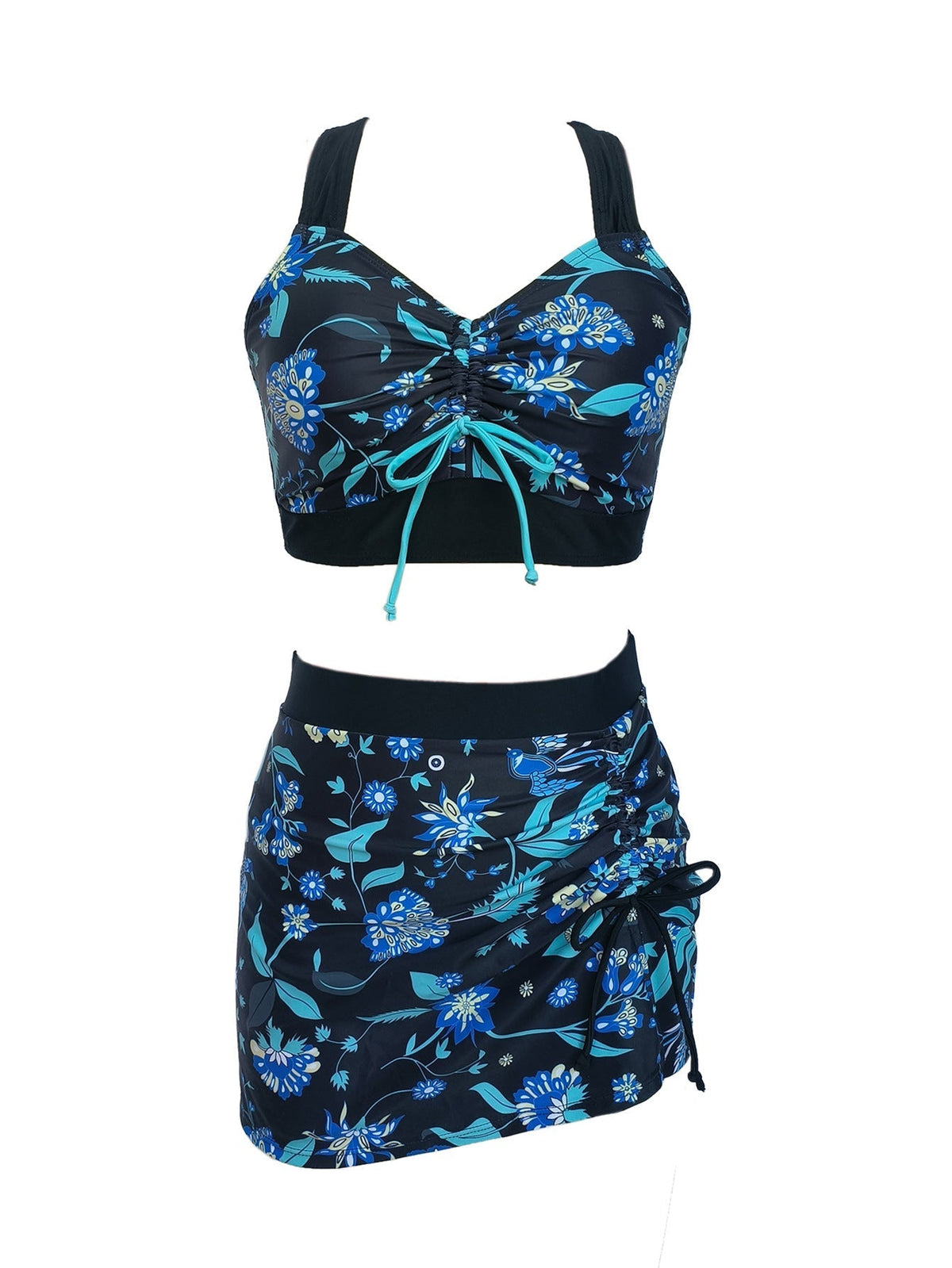 3 piece Women's Butterfly Floral Print Drawstring Bikini Set with Side Split and High Waist V Neck Stretchy and Comfortable Swimwear