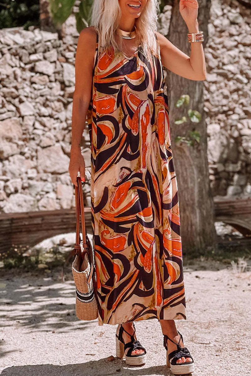 V Neck Print Straight Maxi Dresses