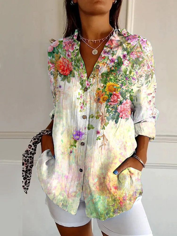 Casual Floral Print Blouse with Lapel Collar