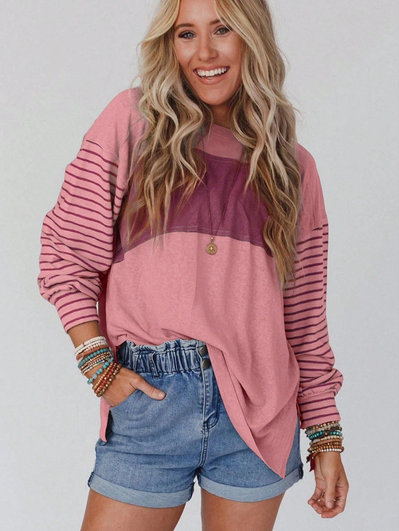Color Block Crew Neck T-Shirt, Casual Long Sleeve T-Shirt