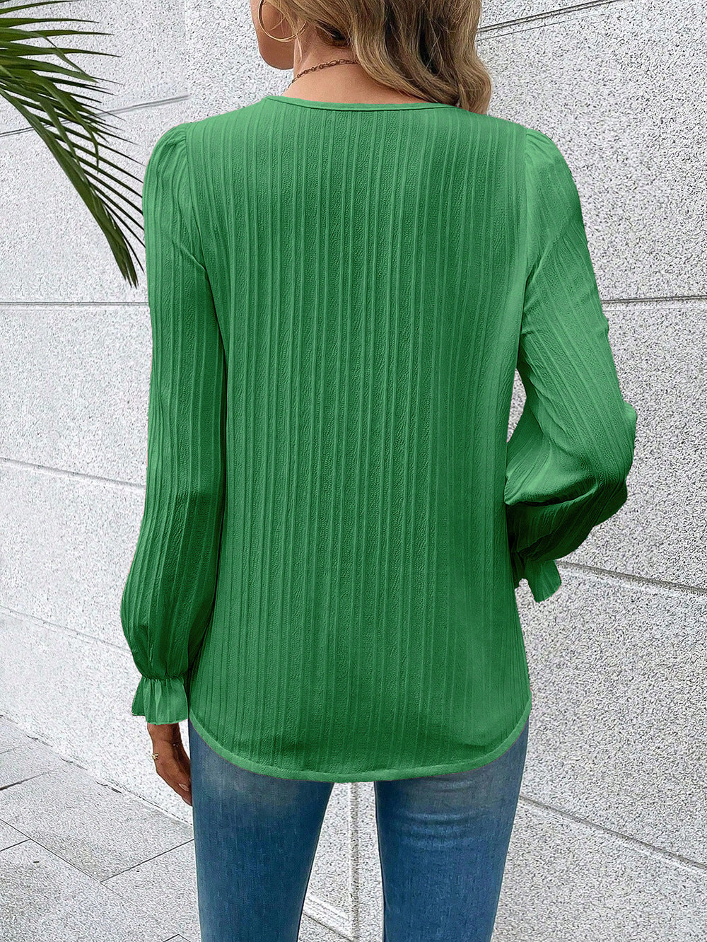 Contrast Lace Solid Blouse, Elegant V Neck Long Sleeve Blouse