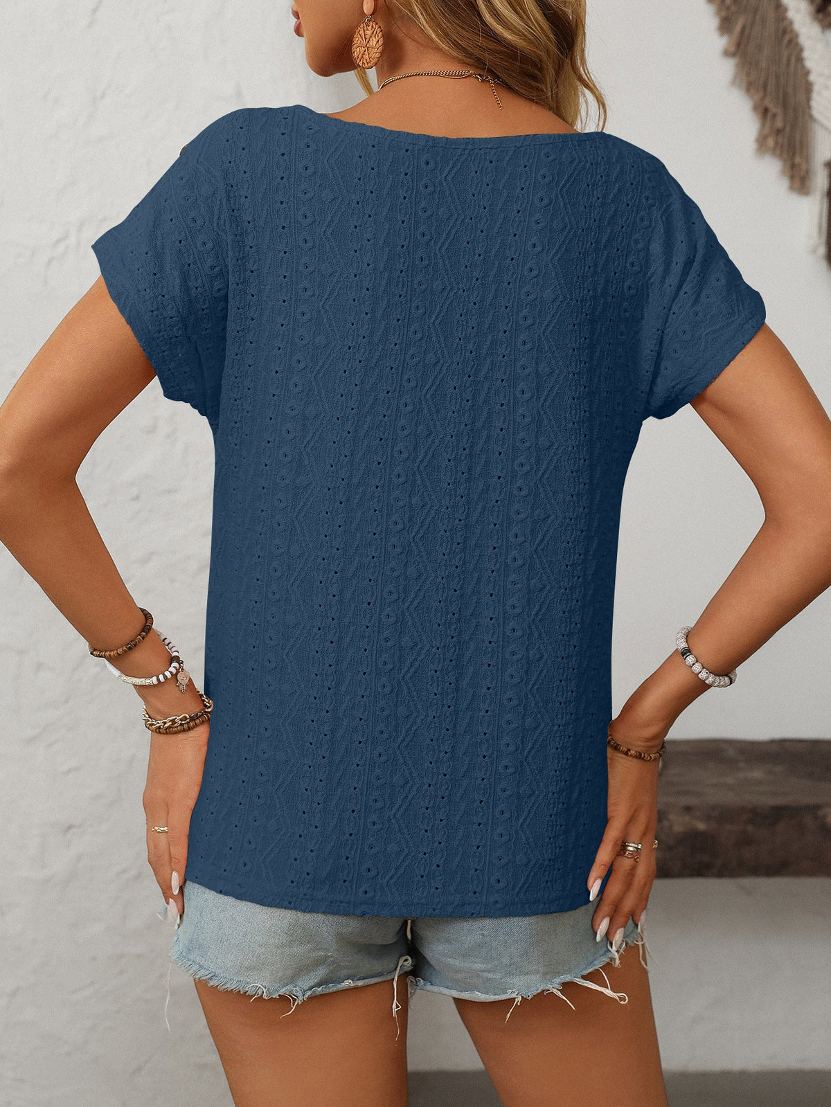 Solid Color Round Neck Shoulder Button Embroidery Hollow Short Sleeved T-shirt