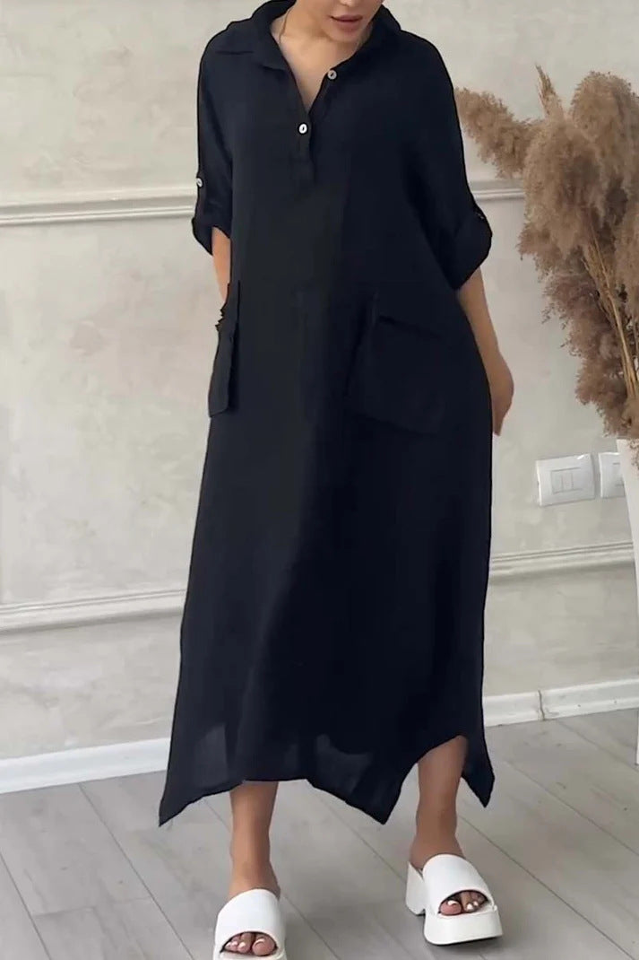 Solid Color Casual Shawl Collar Plain Loose Dress