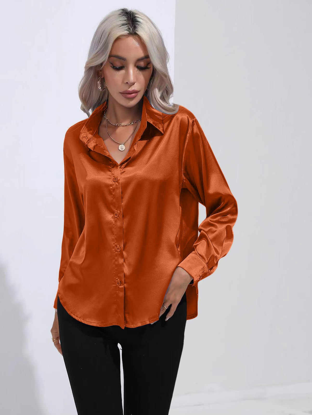 Lapel-collar Satin-satin-faux Silk Long-sleeved Shirt