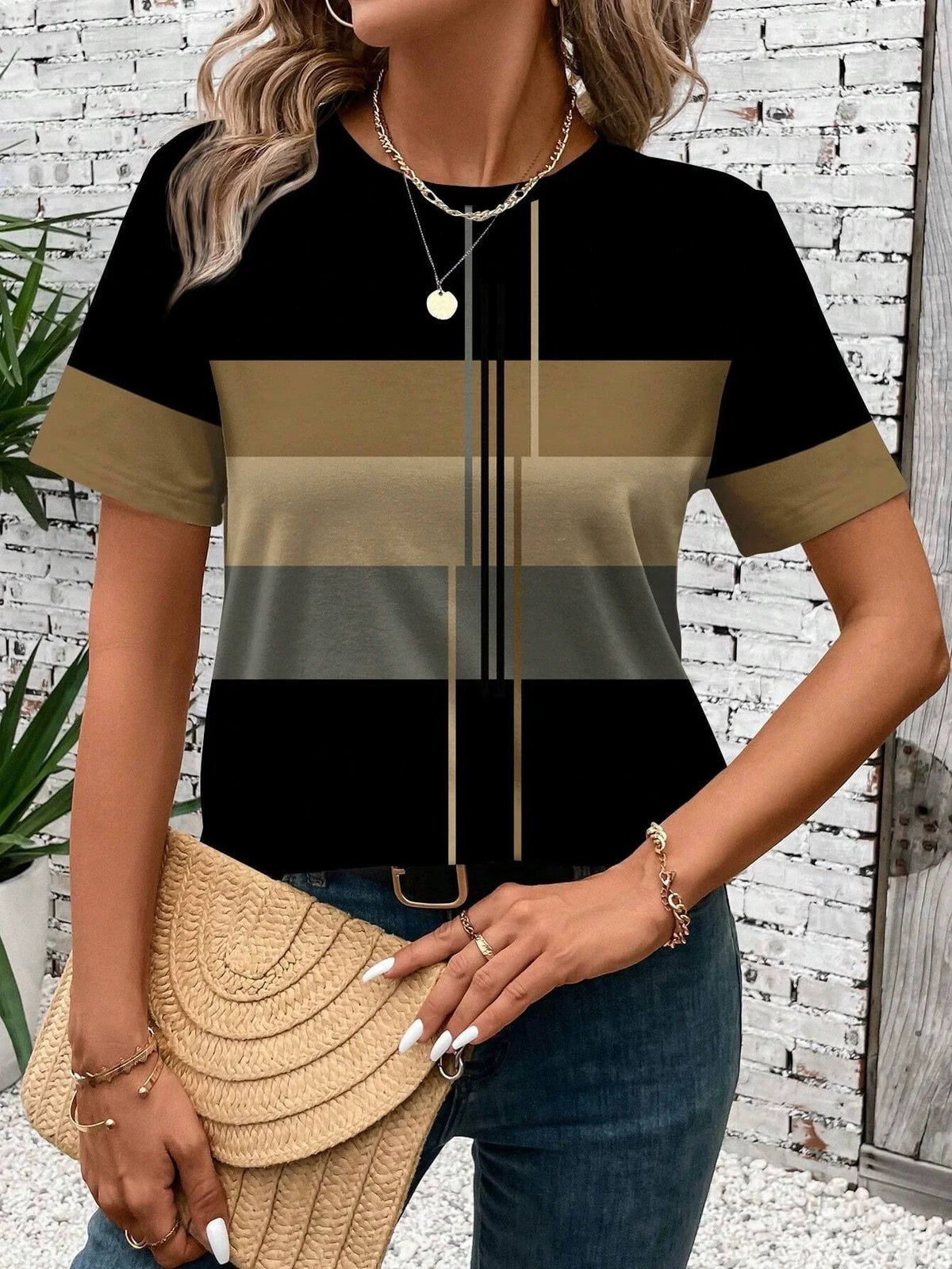 Casual Patchwork Pattern Round Neck Short Sleeve Loose Women T-Shirt