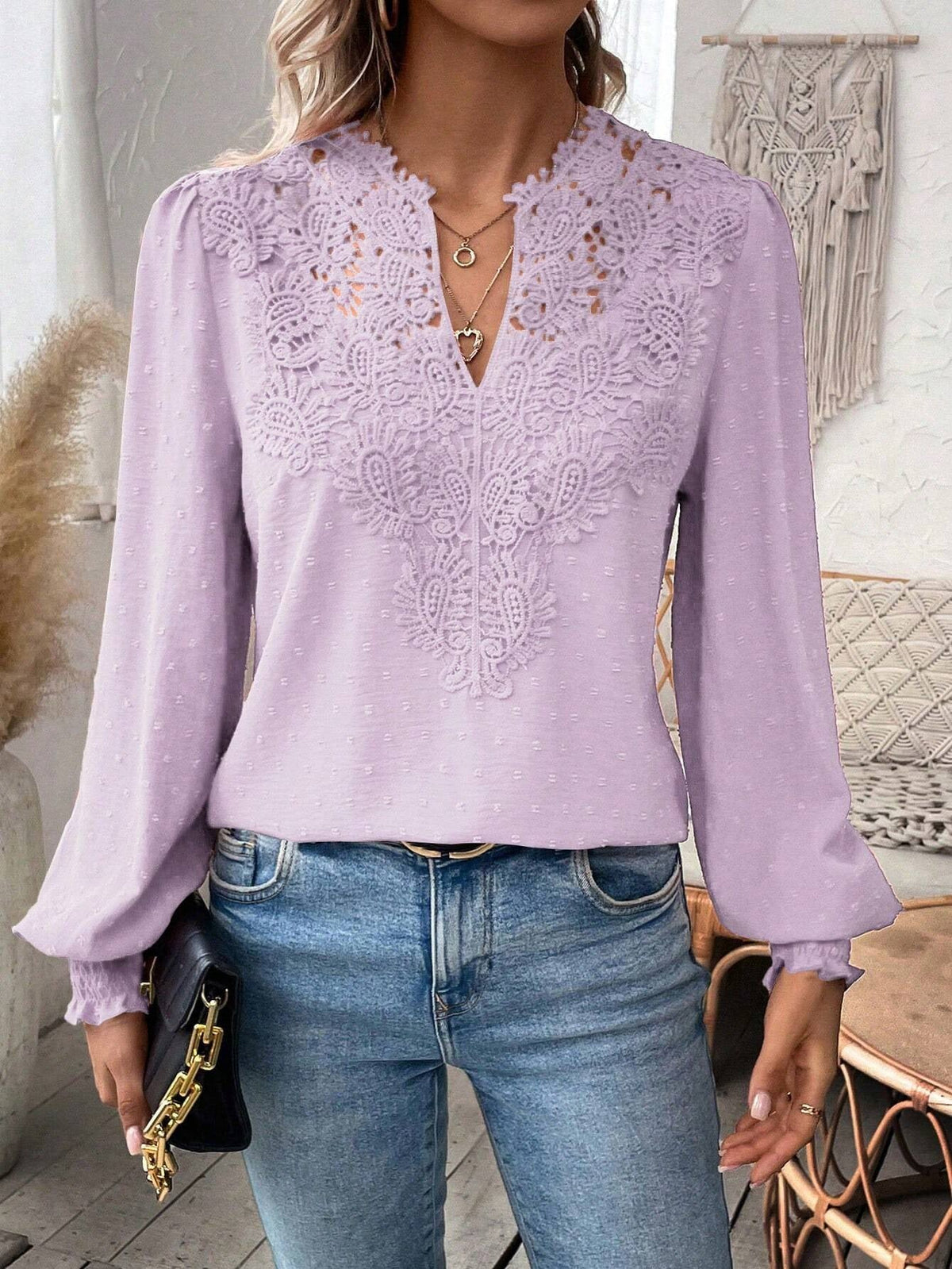 Lace Splicing Swiss Dot V-neck Blouse, Elegant Long Sleeve Blouse Top