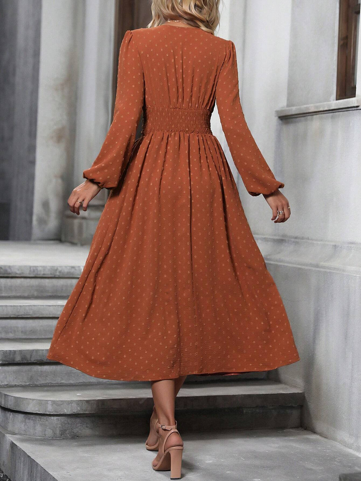 Floral Balloon Sleeve Spring/Fall Dress V Neck Long Sleeve A-Line Dress
