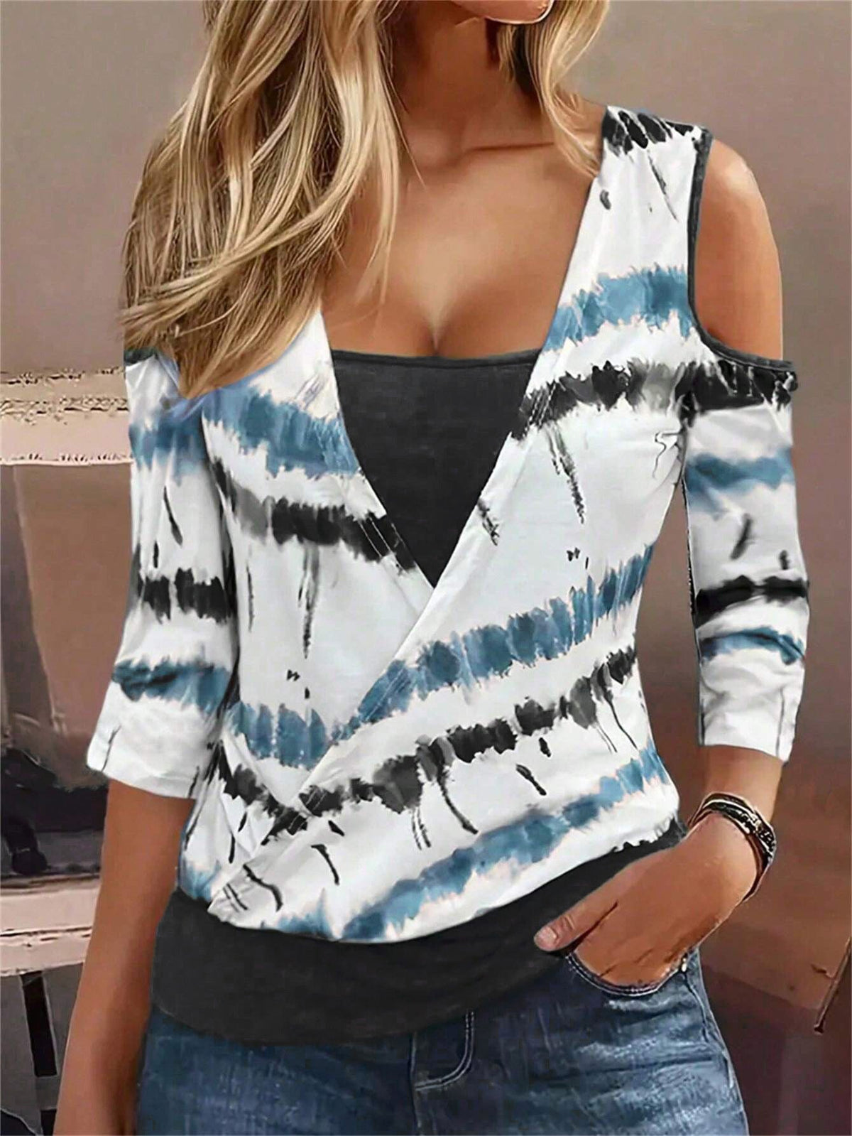 Women's 2-in-1 Tie Dye Print T-Shirt with Drawstring - Casual Cold Shoulder Top