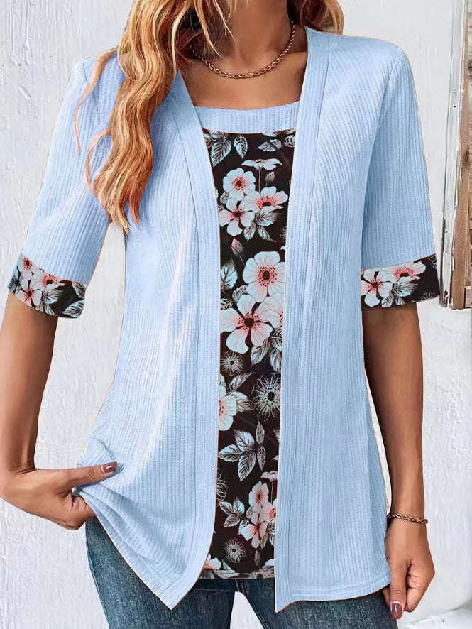 Ladies' Floral Print Fake Two Piece T-Shirt With Square Neckline