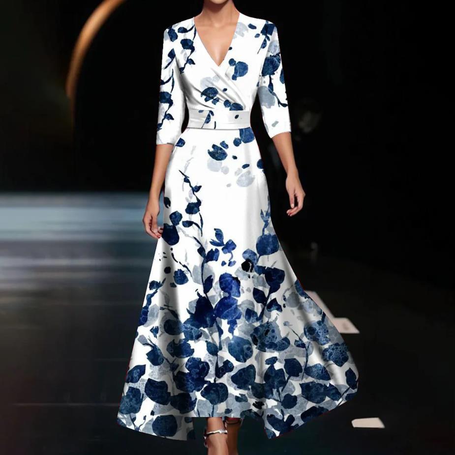 Casual Daily Regular Fit Floral 3/4 Length Sleeve V Neck Maxi Dress