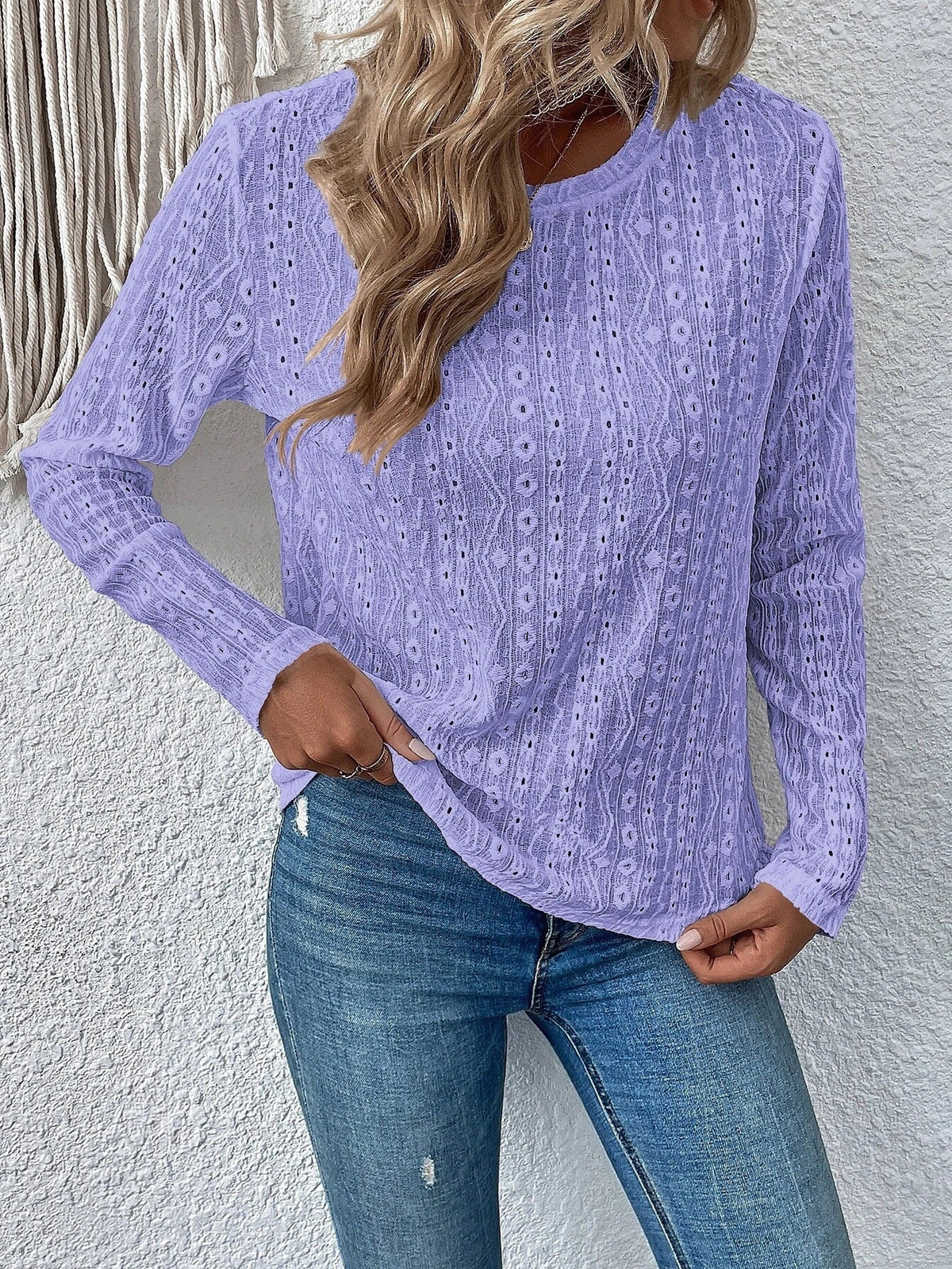 Eyelet Solid T-shirt, Casual Crew Neck Long Sleeve T-shirt