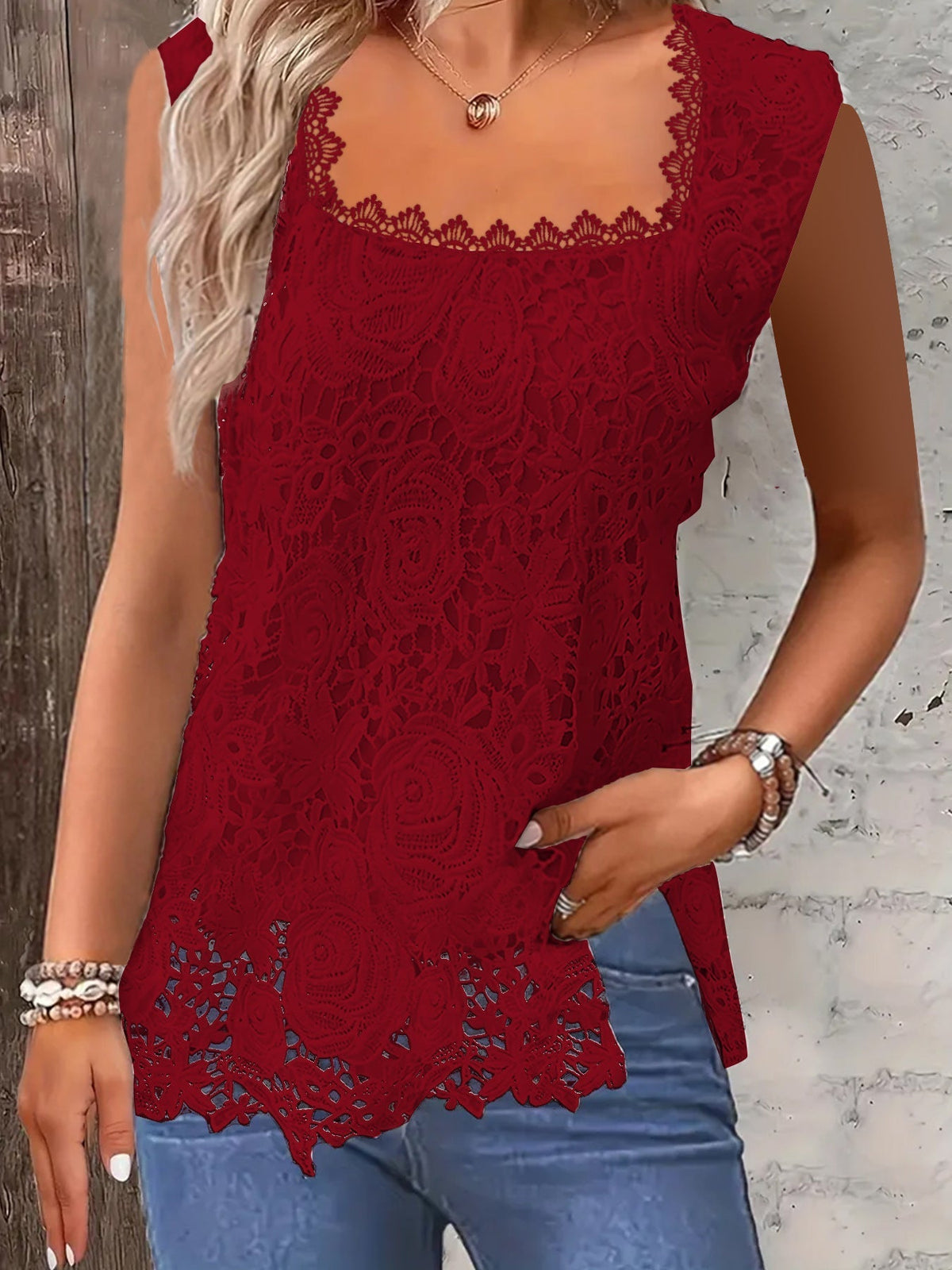 Elegant Square Neck Lace Tank Tops