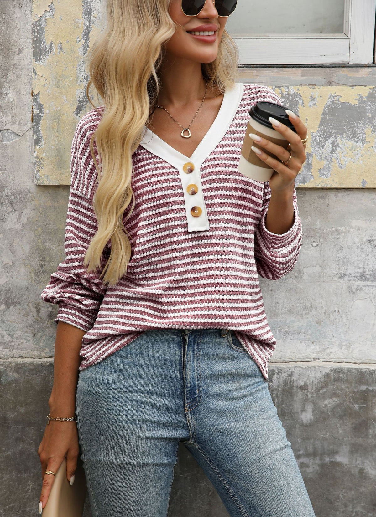 Retro Color Block Slouchy V-Neck Button- Long Sleeve Shirt