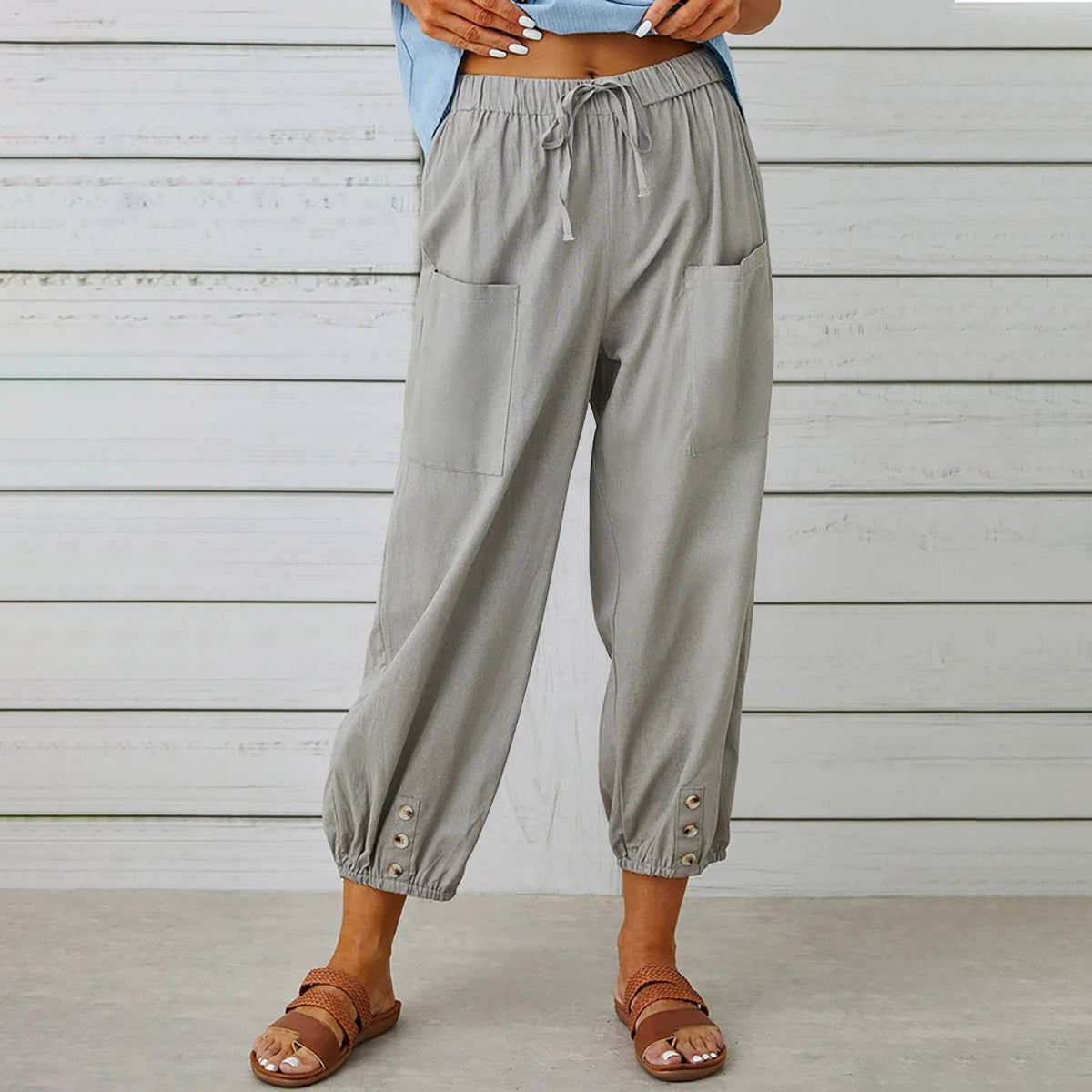 Cotton Linen Pockets Solid Loose Casual Long Trousers
