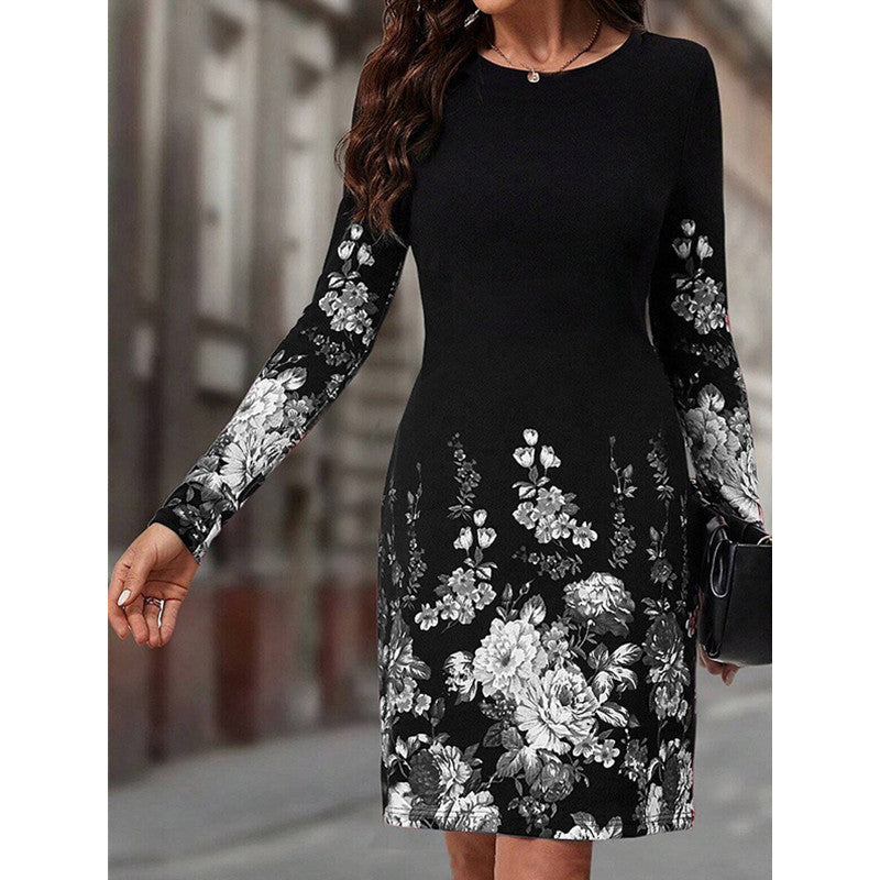 Long Sleeve Spring/Fall Floral Crew Neck Daily Going Out Casual H-Line Midi Dress