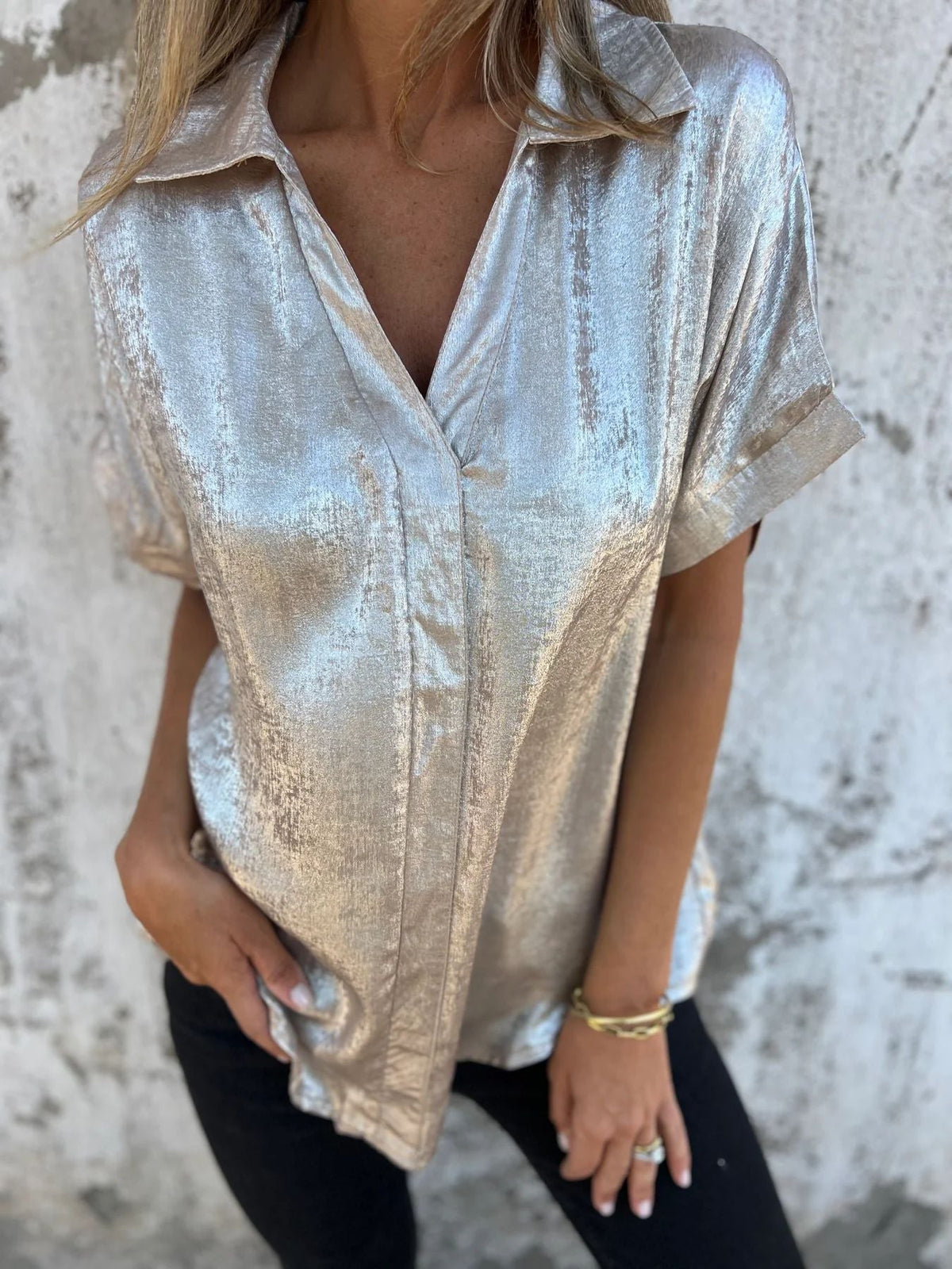 Loose Foiled Short Sleeve Lapel Shirt