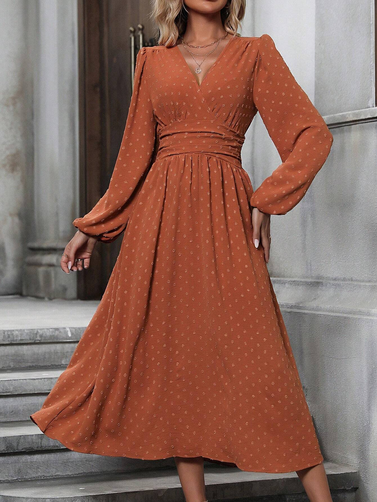 Floral Balloon Sleeve Spring/Fall Dress V Neck Long Sleeve A-Line Dress