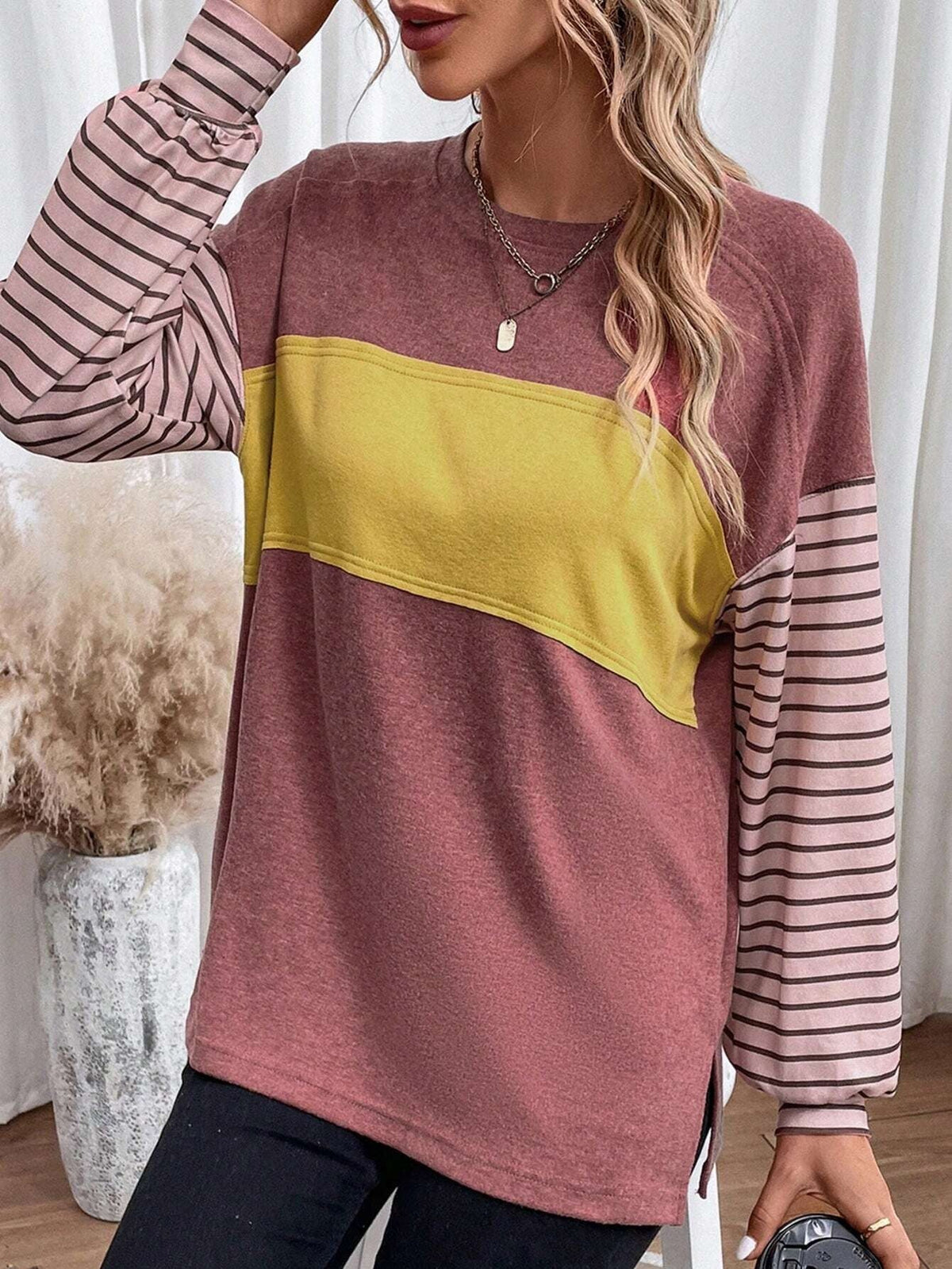 Color Block Crew Neck T-Shirt, Casual Long Sleeve T-Shirt