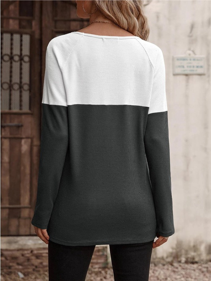 Women's Colorblock Button Decor Waffle Pattern Long Sleeve Round Neck Top