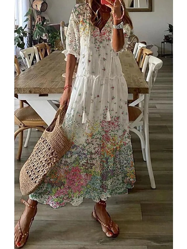 V Neck Half Sleeve Loose Floral Maxi Dress