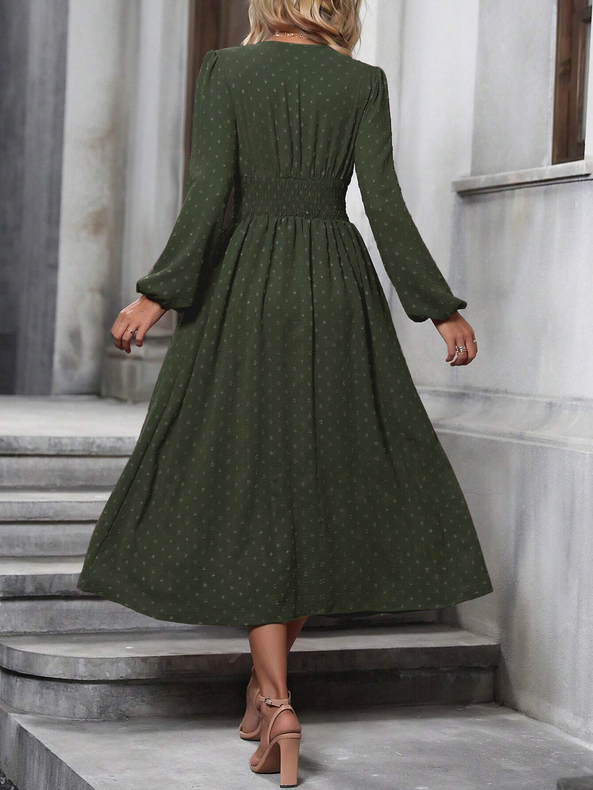 Floral Balloon Sleeve Spring/Fall Dress V Neck Long Sleeve A-Line Dress