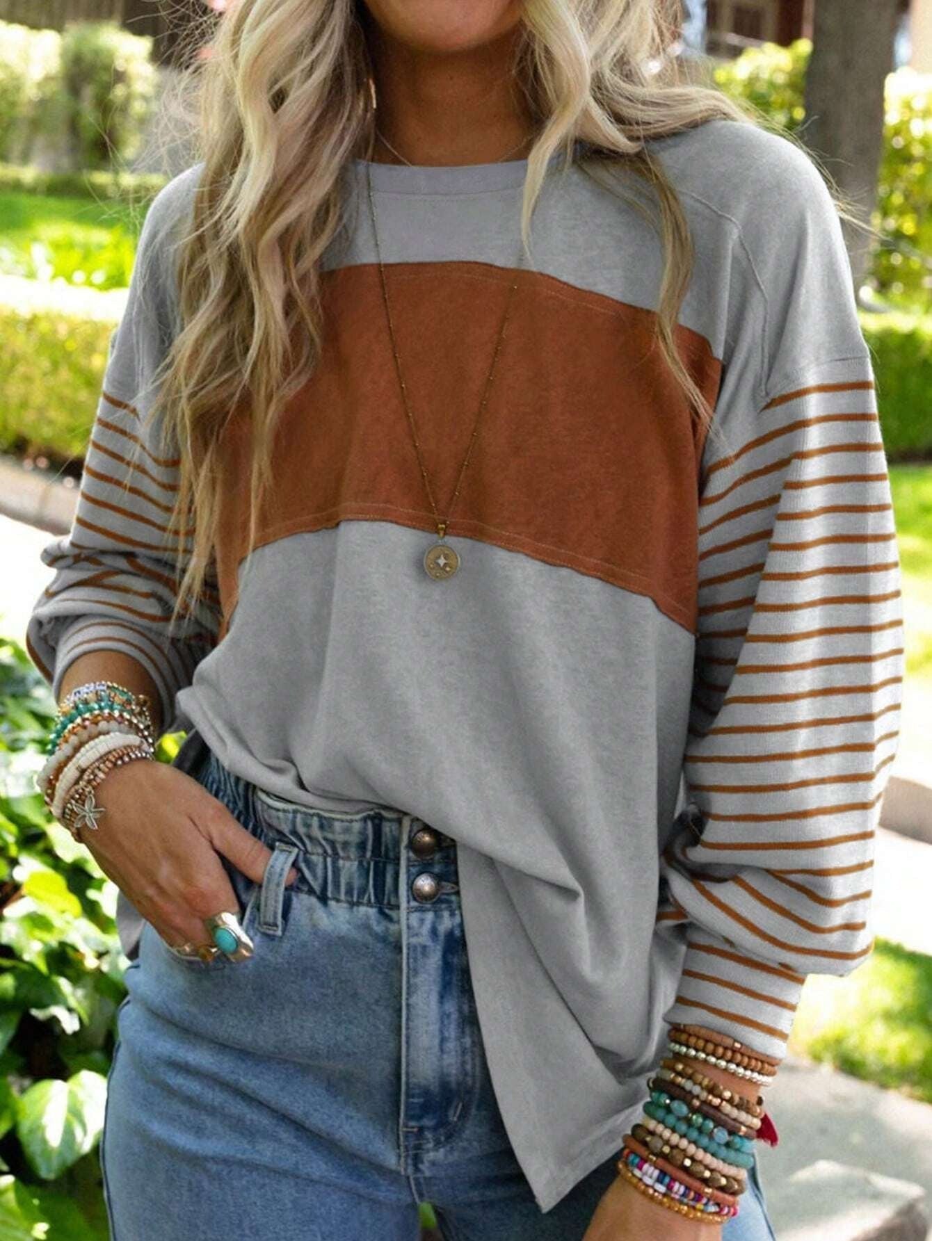 Color Block Crew Neck T-Shirt, Casual Long Sleeve T-Shirt