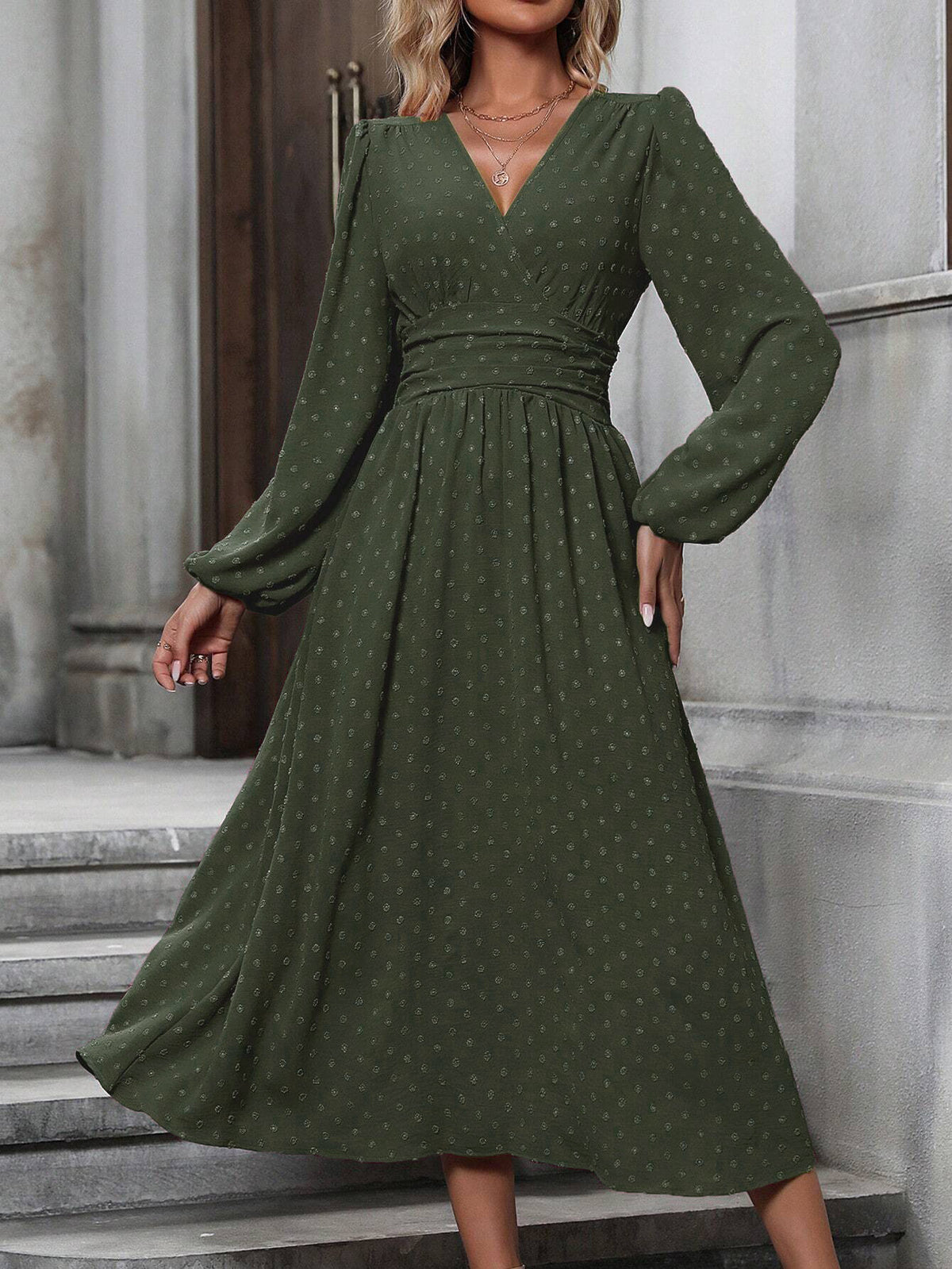 Floral Balloon Sleeve Spring/Fall Dress V Neck Long Sleeve A-Line Dress