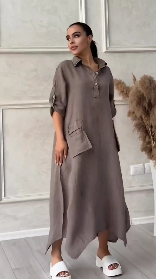 Solid Color Casual Shawl Collar Plain Loose Dress