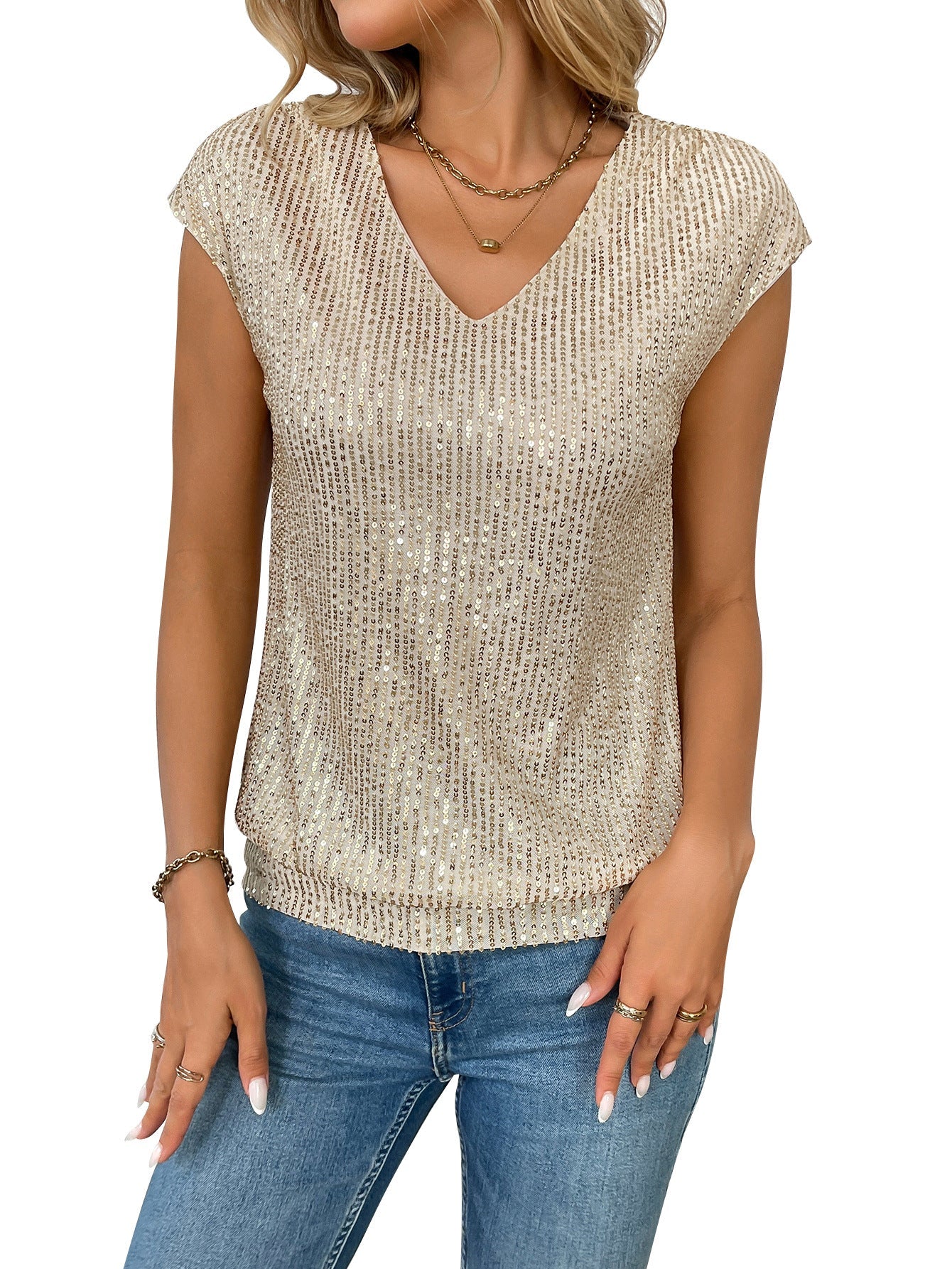 V Neck Sequined Solid Color Short Sleeved Top