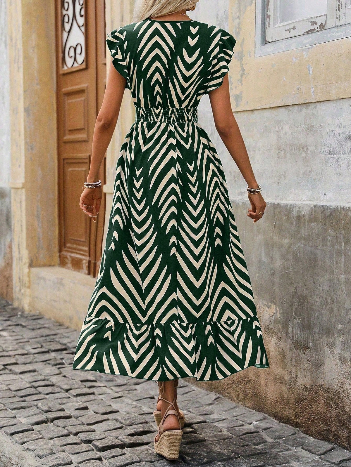 Allover Print Shirred Waist A-line Dress, Casual Surplice Neck Half Sleeve Dress
