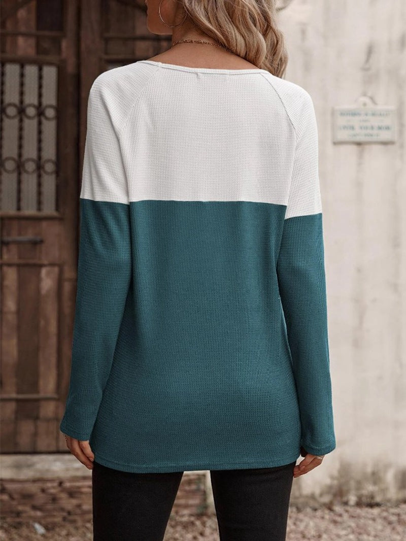 Women's Colorblock Button Decor Waffle Pattern Long Sleeve Round Neck Top