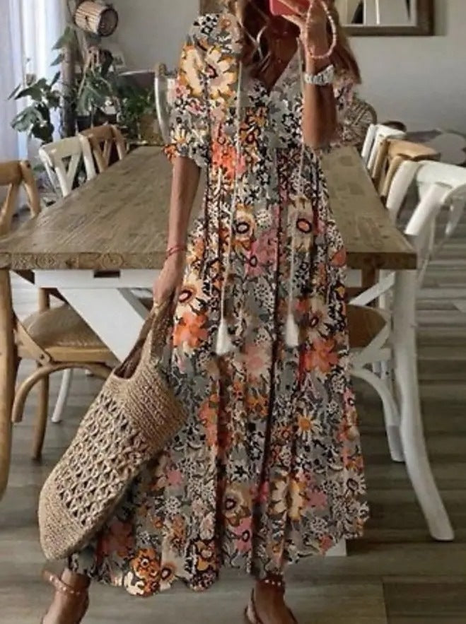 V Neck Half Sleeve Loose Floral Maxi Dress