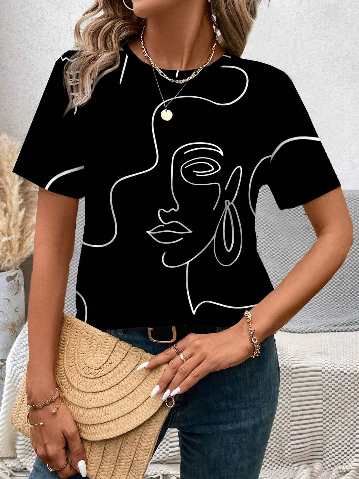 Casual Patchwork Pattern Round Neck Short Sleeve Loose Women T-Shirt