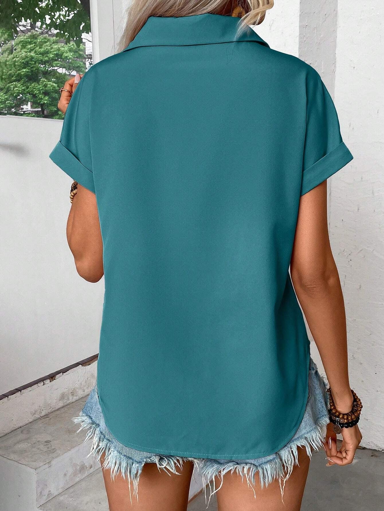 Elegant Solid Color Pleated Batwing Short Sleeve Casual Shirt
