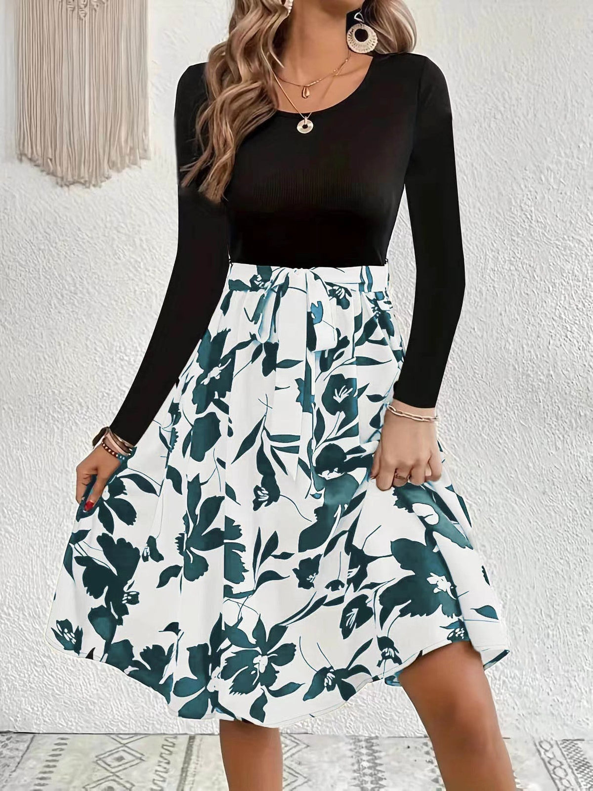 Floral Print Splicing Dress, Casual Crew Neck Long Sleeve Dress