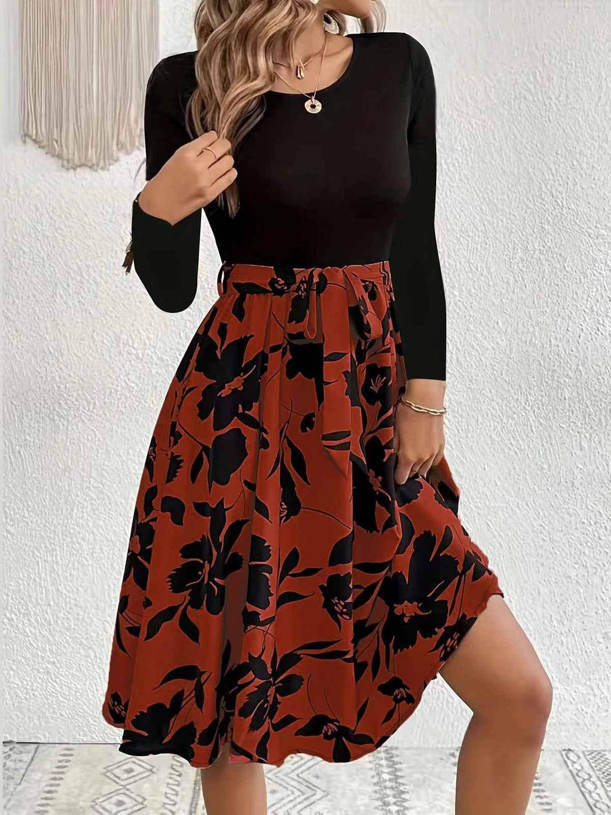 Floral Print Splicing Dress, Casual Crew Neck Long Sleeve Dress