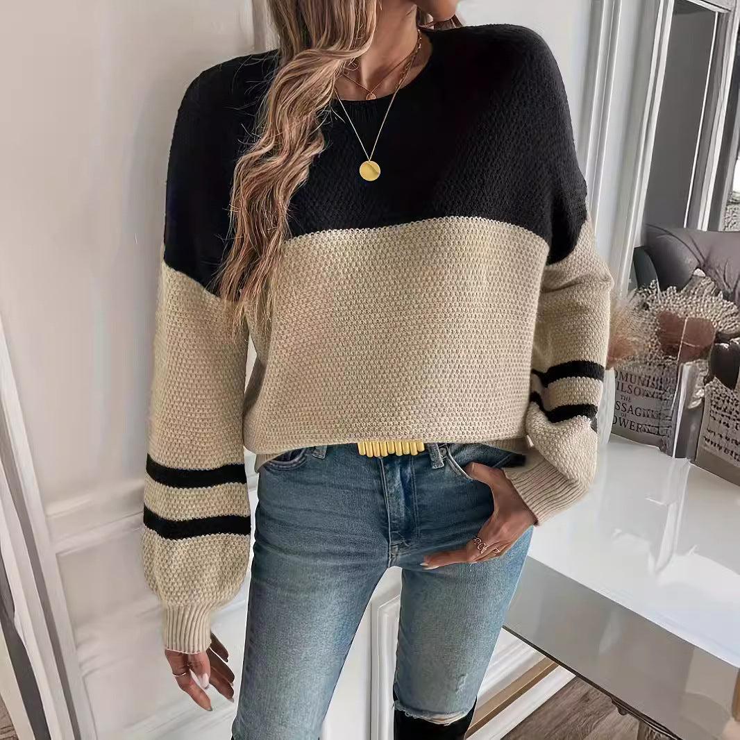 Patchwork Striped Long Sleeve Round Neck Sweater