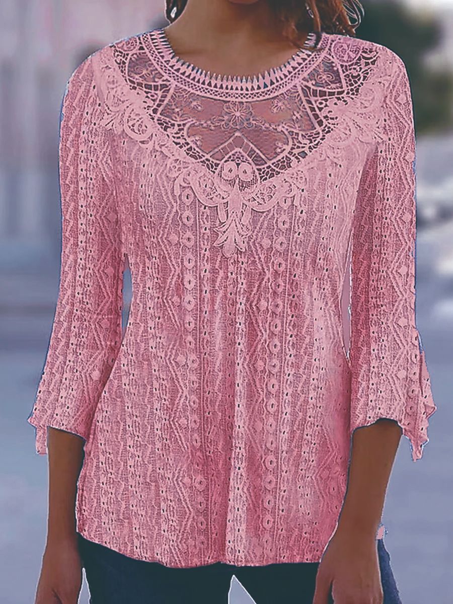 Plain Lace 3/4 Length Sleeve Casual Vintage Fashion Basic Round Neck Blouse