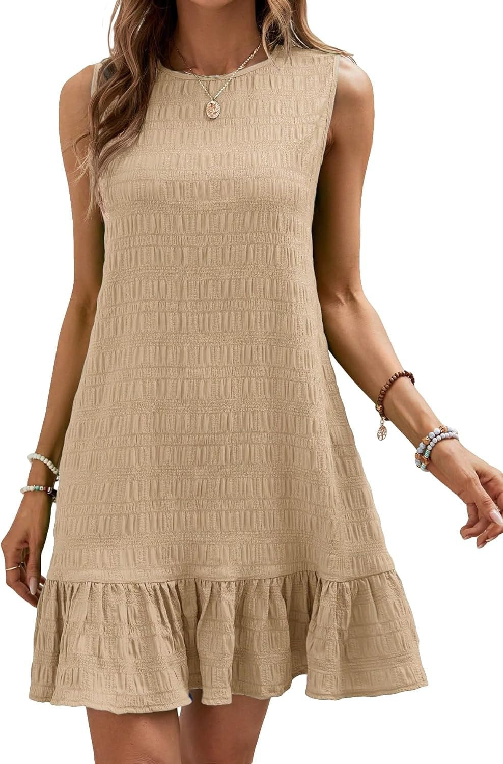 Textured Solid Ruffle Hem Tank Dress, Elegant Sleeveless Dress