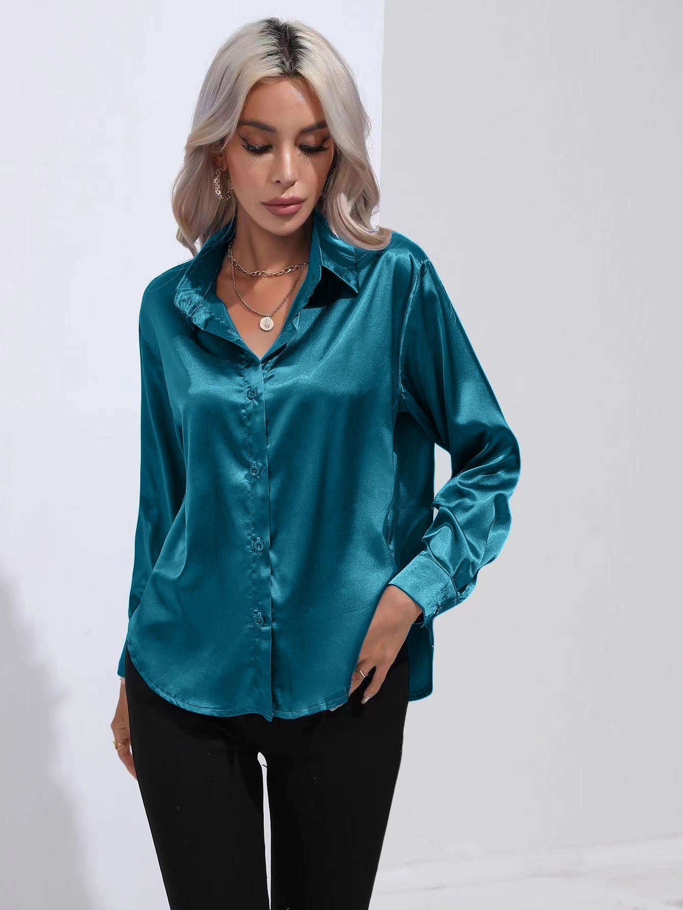 Lapel-collar Satin-satin-faux Silk Long-sleeved Shirt