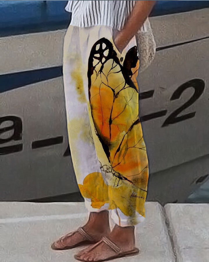 Boho Dragonfly Print Pants, Vintage High Waist Long Length Summer Pants